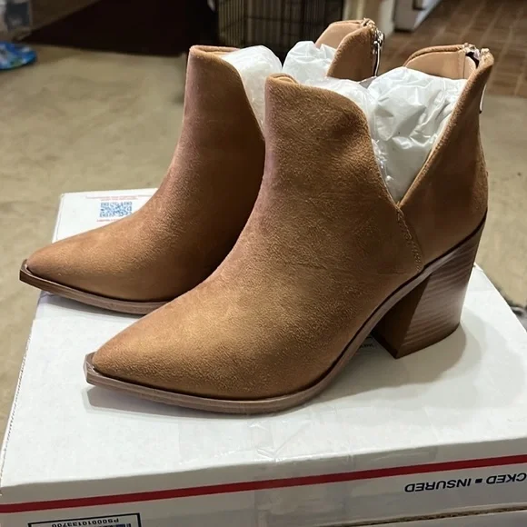 New Ankle Boots Slip on Cutout Pointed Toe Chunky Stacked Mid Heel Booties 5.5 - Picture 7 of 8